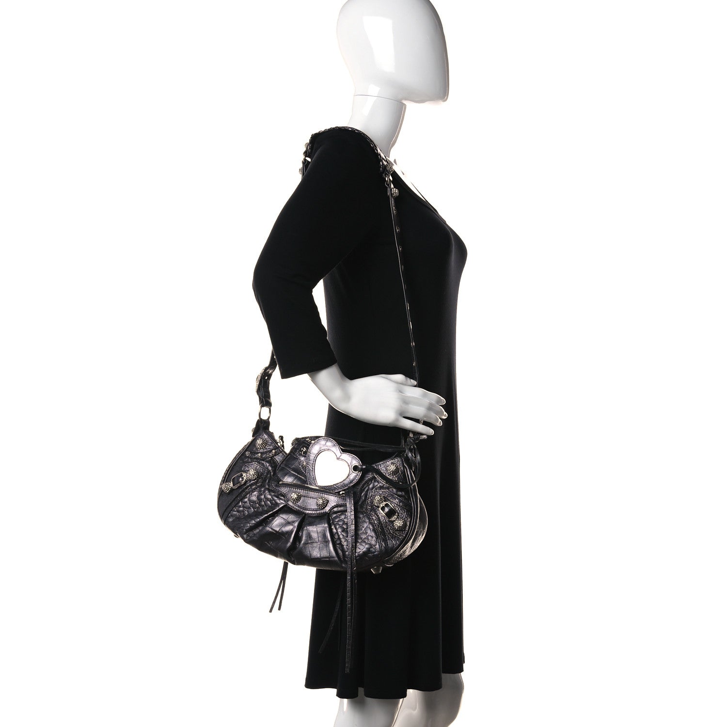 Balenciaga Metallic Calfskin Crocodile Embossed Crystal Small Le Cagole Shoulder Bag Gunmetal 2 of 12