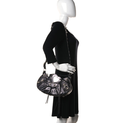 Balenciaga Metallic Calfskin Crocodile Embossed Crystal Small Le Cagole Shoulder Bag Gunmetal 2 of 12