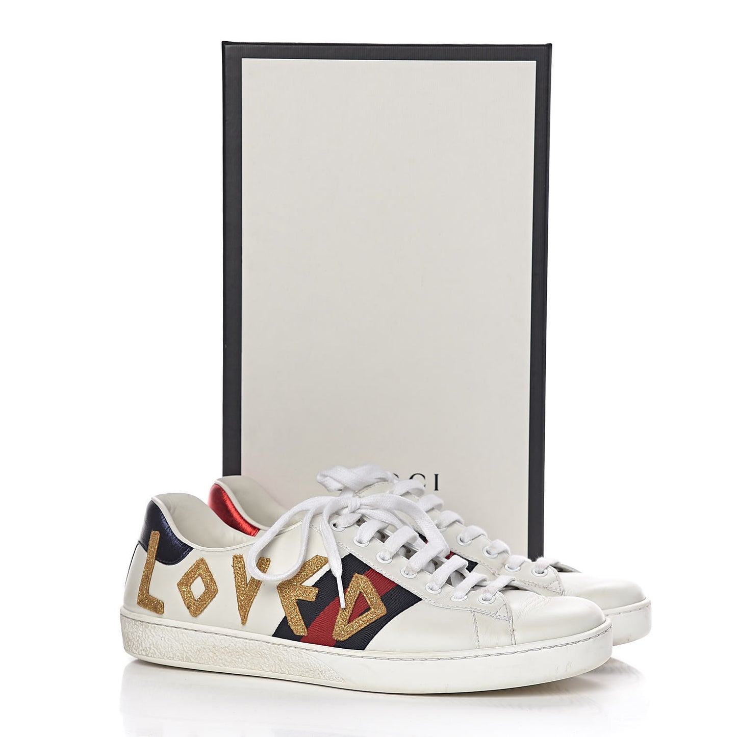 Calfskin Nappa Web LOVED Embroidered Mens Ace Sneakers 9 White Red Flame Notte