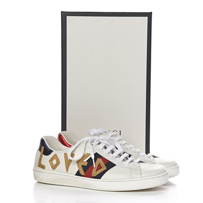 Gucci Calfskin Nappa Web LOVED Embroidered Mens Ace Sneakers 9 White Red Flame Notte 14 of 14