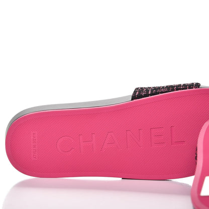 Chanel Tweed Grosgrain Camellia CC Flat Mules 36 Black Pink 7 of 10