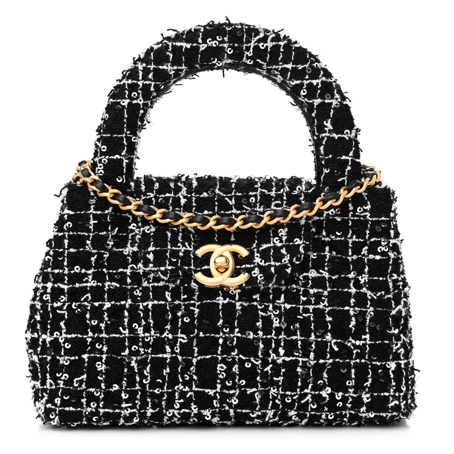 Tweed Quilted Nano Kelly Shopper Black White