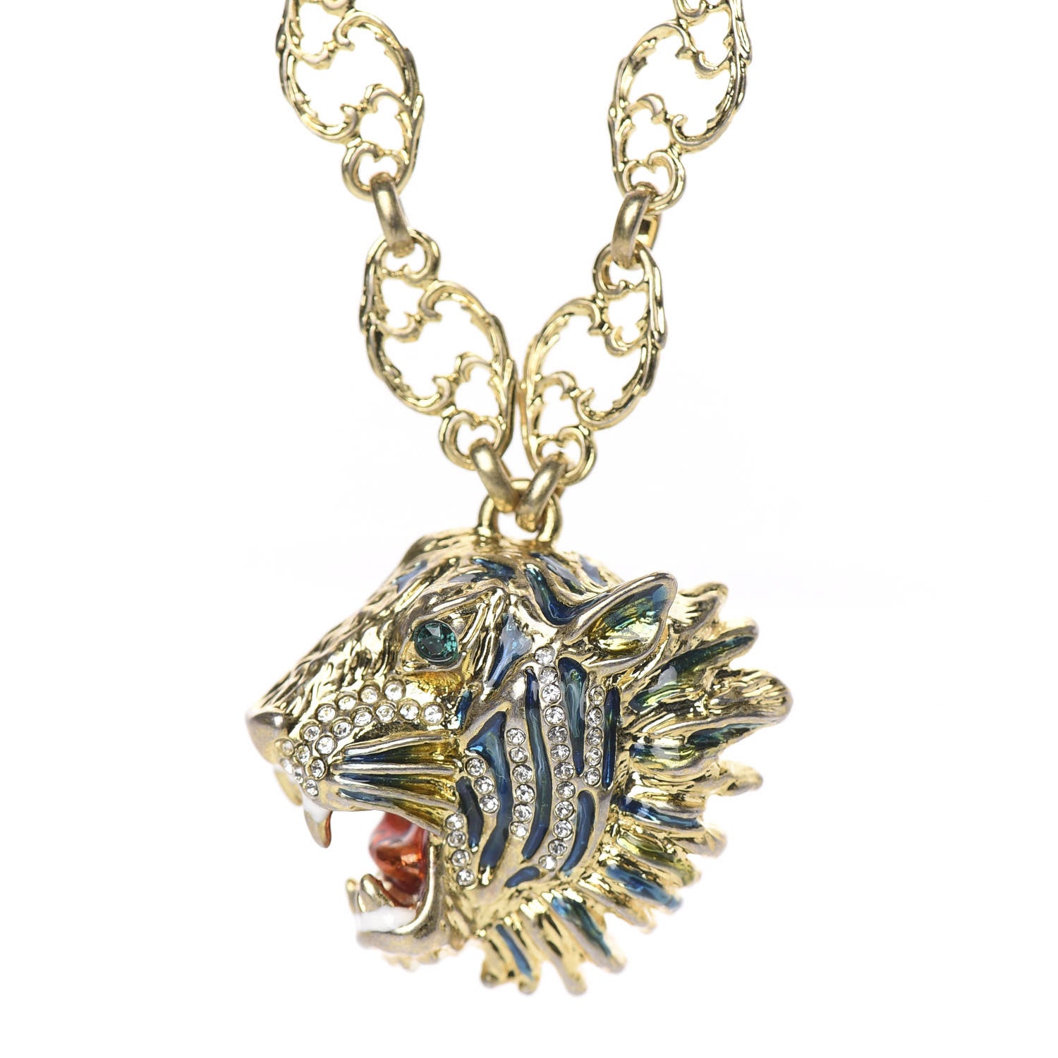 Gucci Metal Enamel Roaring Tiger Pendant Necklace Gold 3 of 4
