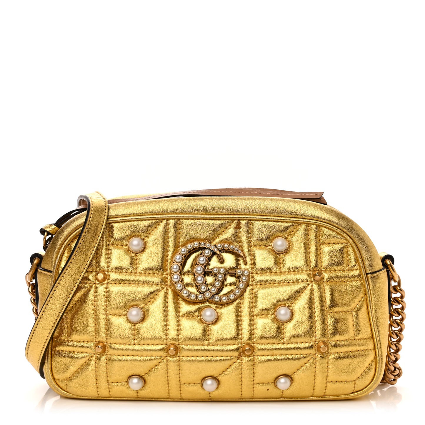 Metallic Calfskin Matelasse Studded Small Pearly GG Marmont Chain Shoulder Bag Gold