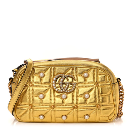 Gucci Metallic Calfskin Matelasse Studded Small Pearly GG Marmont Chain Shoulder Bag Gold 1 of 11