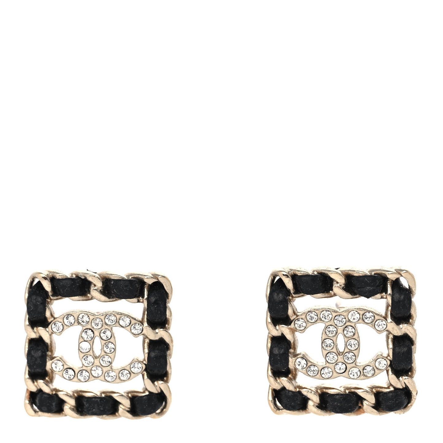 Crystal Lambskin Chain Sergeant Chanel Stud Earrings Black Gold