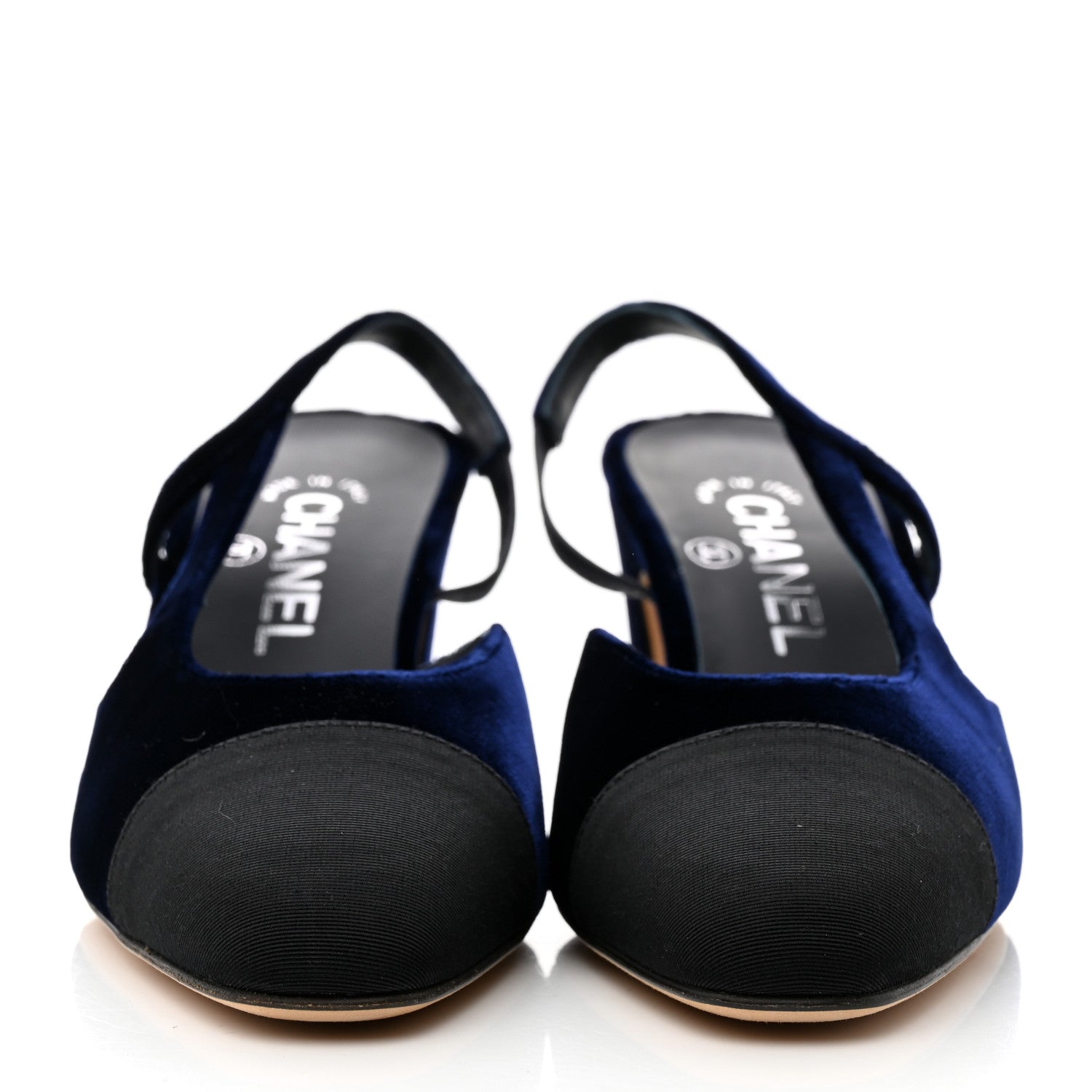 Chanel Velvet Grosgrain Cap Toe CC Slingback Pumps 36.5 Blue Black 2 of 8
