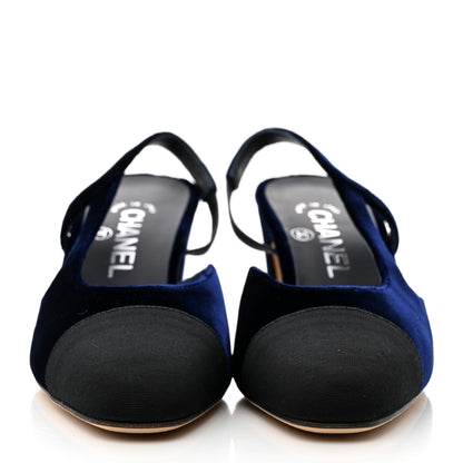 Chanel Velvet Grosgrain Cap Toe CC Slingback Pumps 36.5 Blue Black 2 of 8