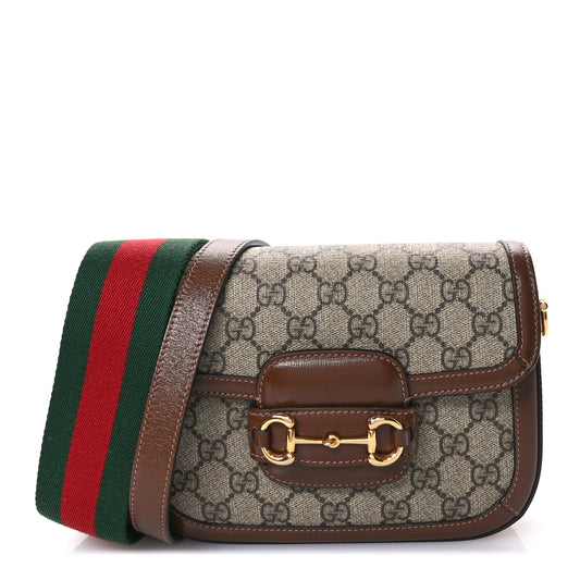 GG Supreme Monogram Azalea Calfskin Web Mini Horsebit 1955 Shoulder Bag Beige Ebony Brown Sugar
