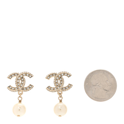 Chanel Crystal Timeless CC Pearl Drop Earrings Light Gold 2 of 5