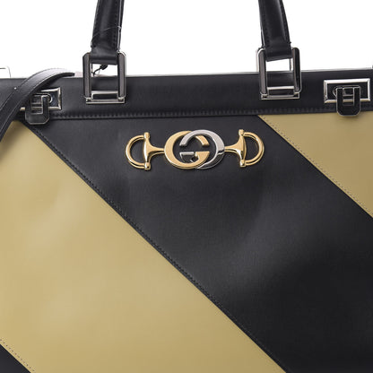 Gucci Smooth Calfskin Diagonal Striped Medium Zumi Top Handle Bag Black Beige 8 of 12