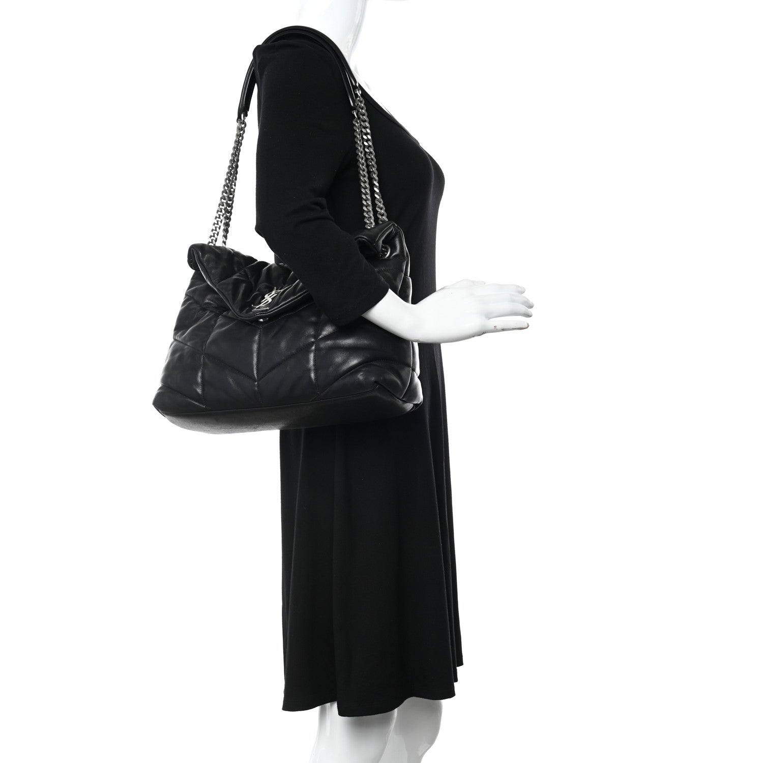 Saint Laurent Lambskin Quilted Medium Loulou Puffer Monogram Chain Satchel Black 2 of 15