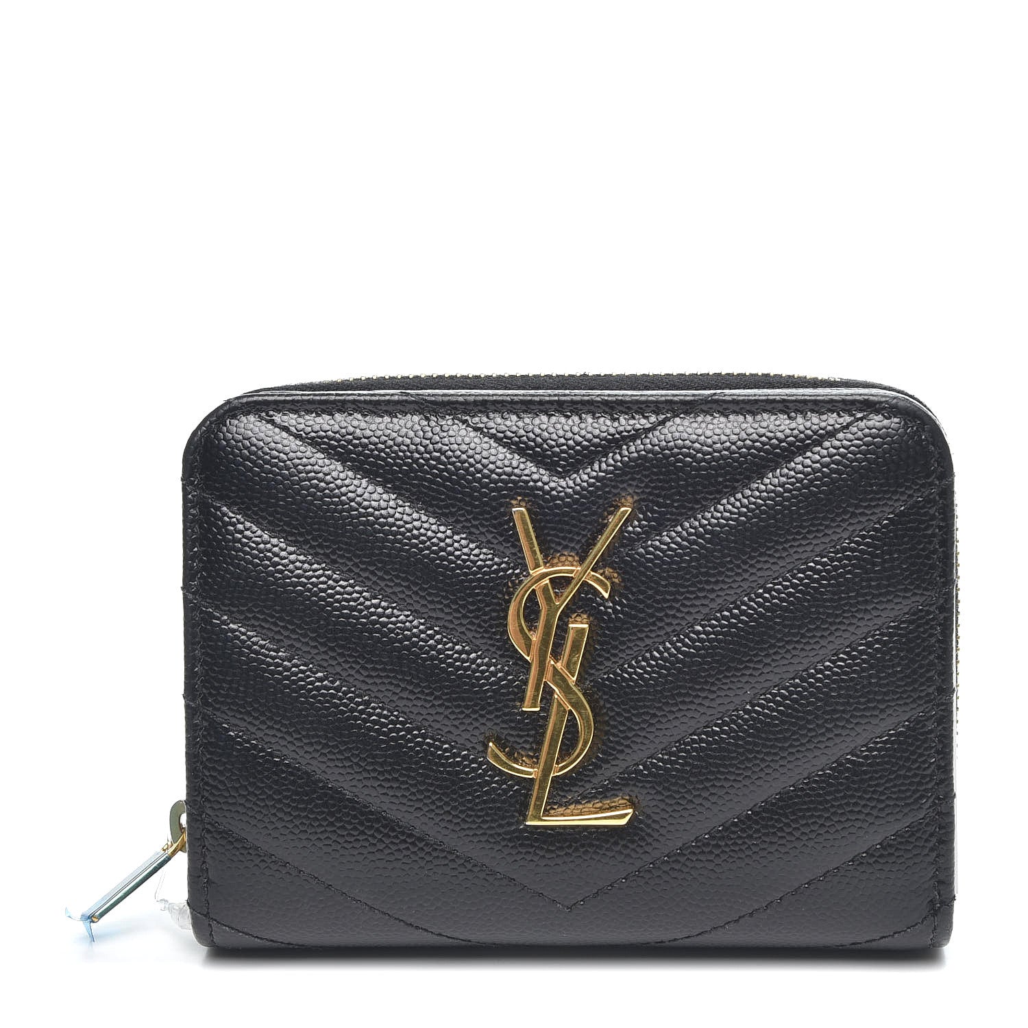 Saint Laurent Grain De Poudre Matelasse Chevron Monogram Compact Zip Around Wallet Black 1 of 8