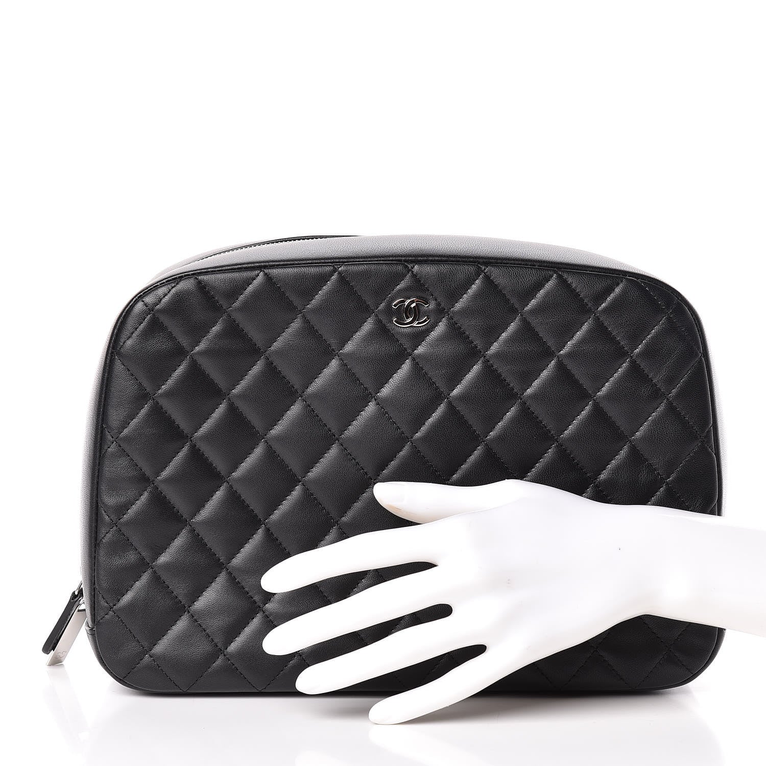 Chanel Lambskin Quilted Large Curvy Pouch Cosmetic Case Black 2 of 7