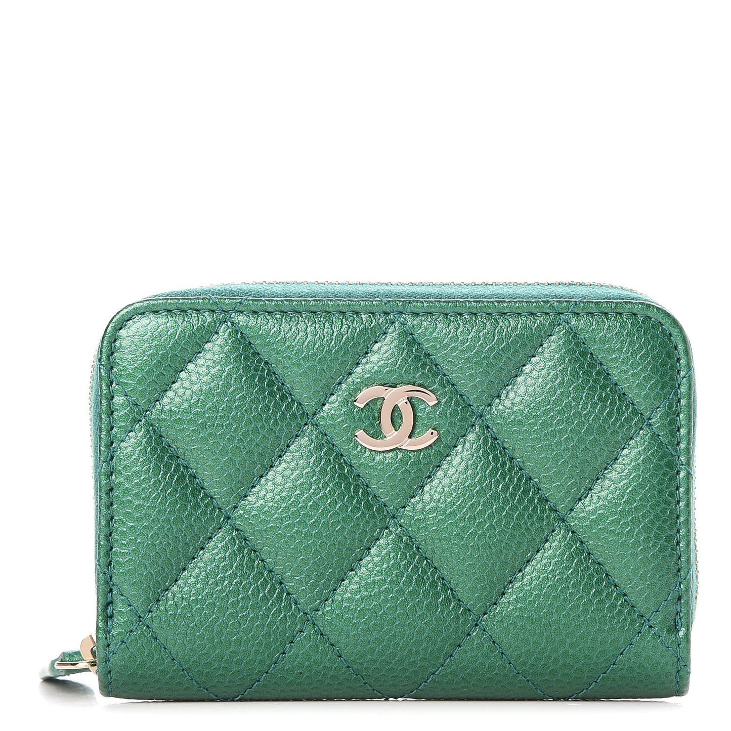 Metallic Caviar Quilted Zip Coin Purse Green
