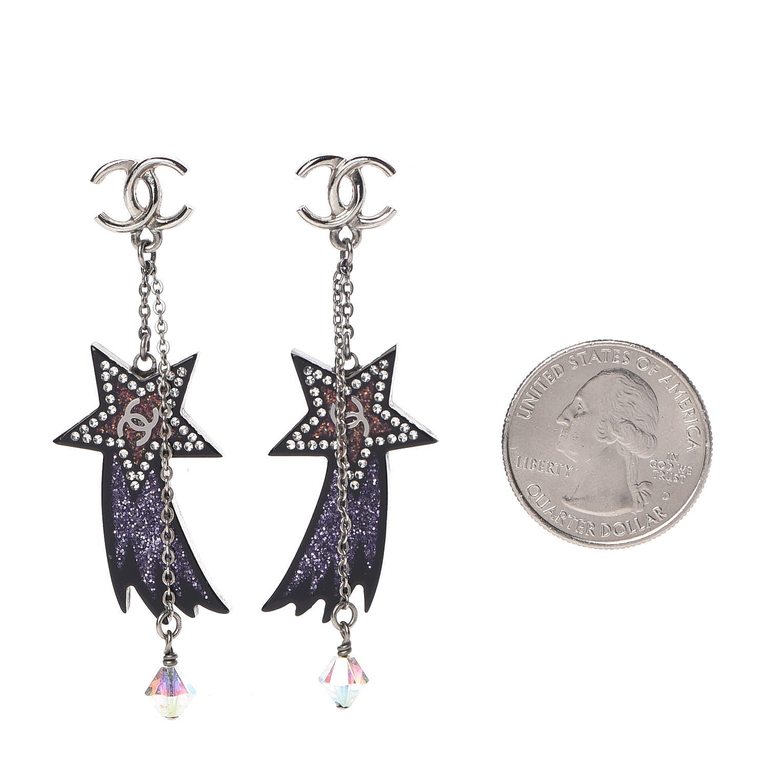 Chanel Resin Crystal CC Shooting Star Dangle Earrings Silver Purple 2 of 5