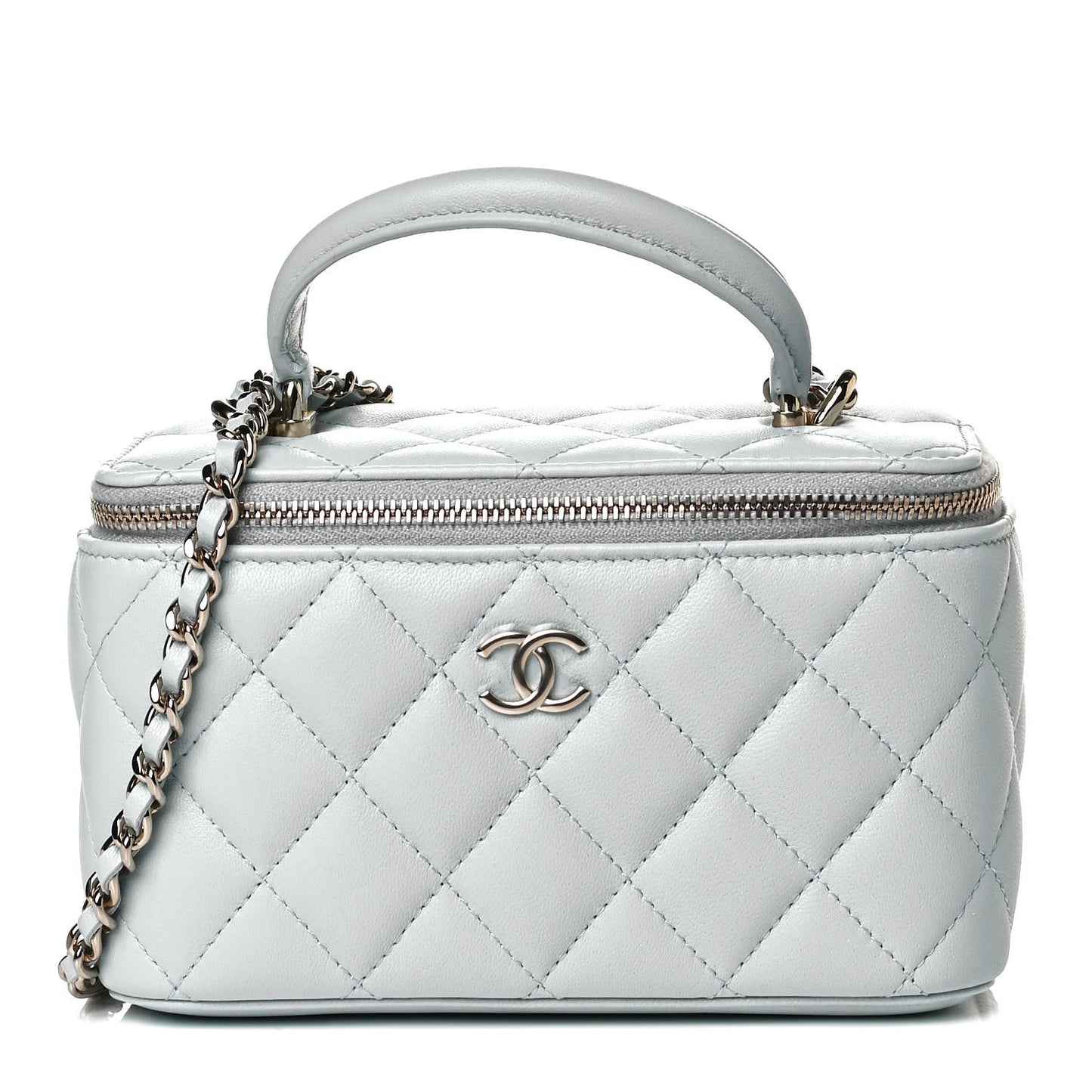 Lambskin Quilted Small Top Handle Vanity Case With Chain Light Blue