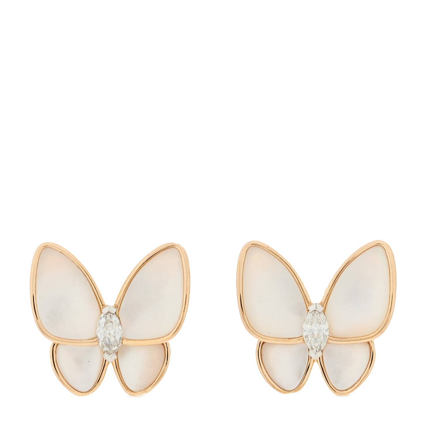 18K Rose White Gold Diamond Mother of Pearl Two Butterfly Earrings