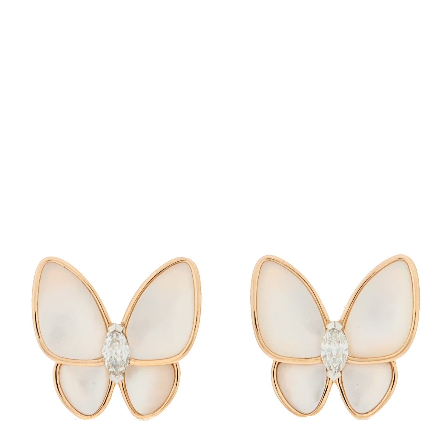 Van Cleef & Arpels 18K Rose White Gold Diamond Mother of Pearl Two Butterfly Earrings 1 of 4