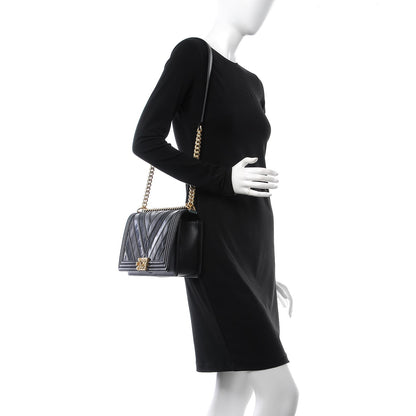 Chanel Calfskin Caviar Suede Chevron New Medium Boy Flap Black 2 of 8