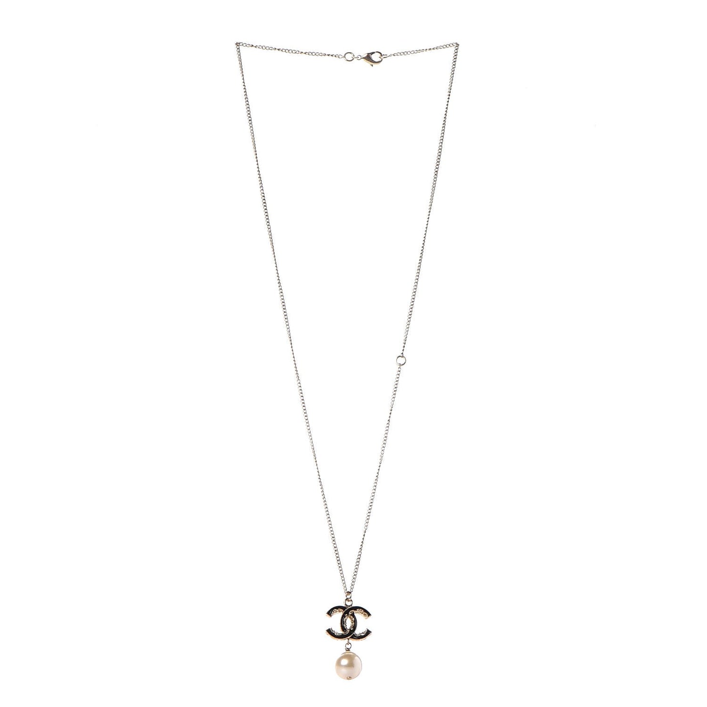 Enamel CC Baroque Pearl Drop Necklace Black Gold