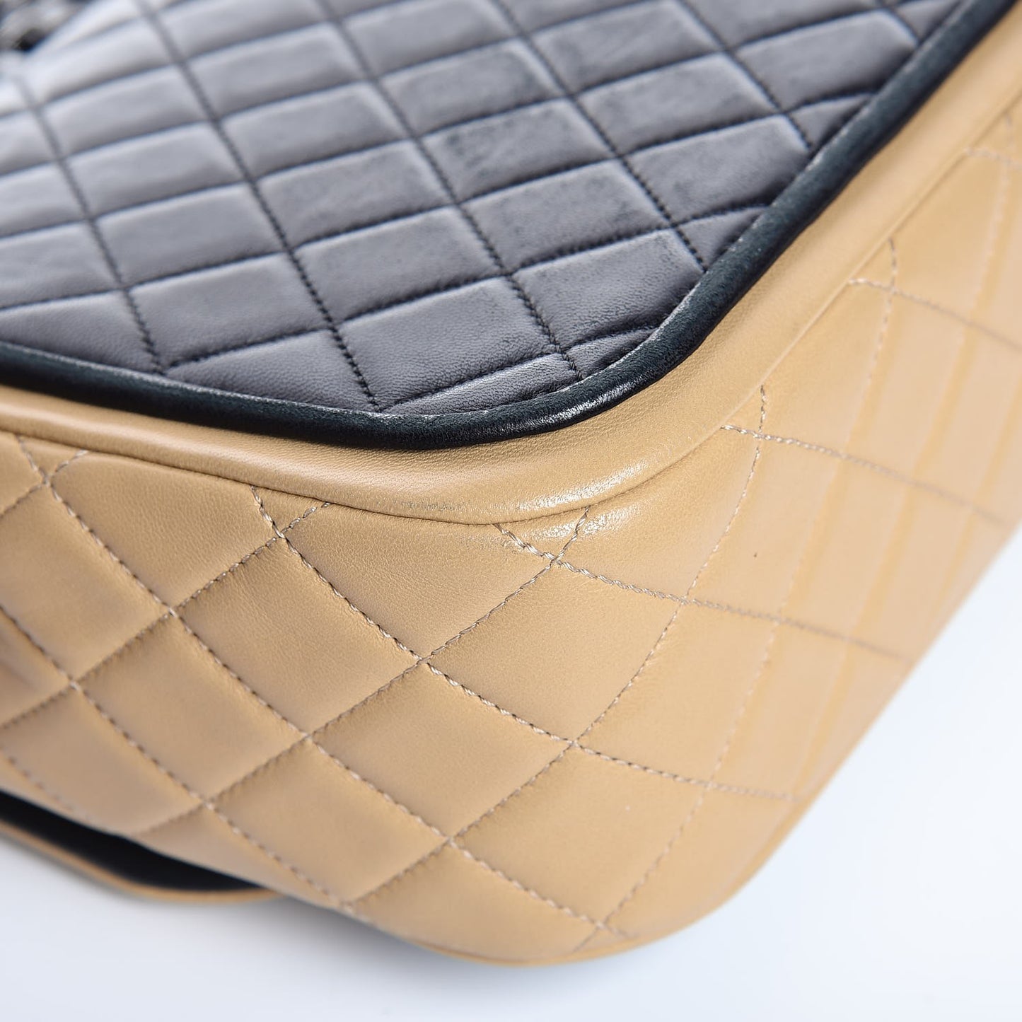 Lambskin Quilted Large Twist Two Tone Flap Bag Black Beige