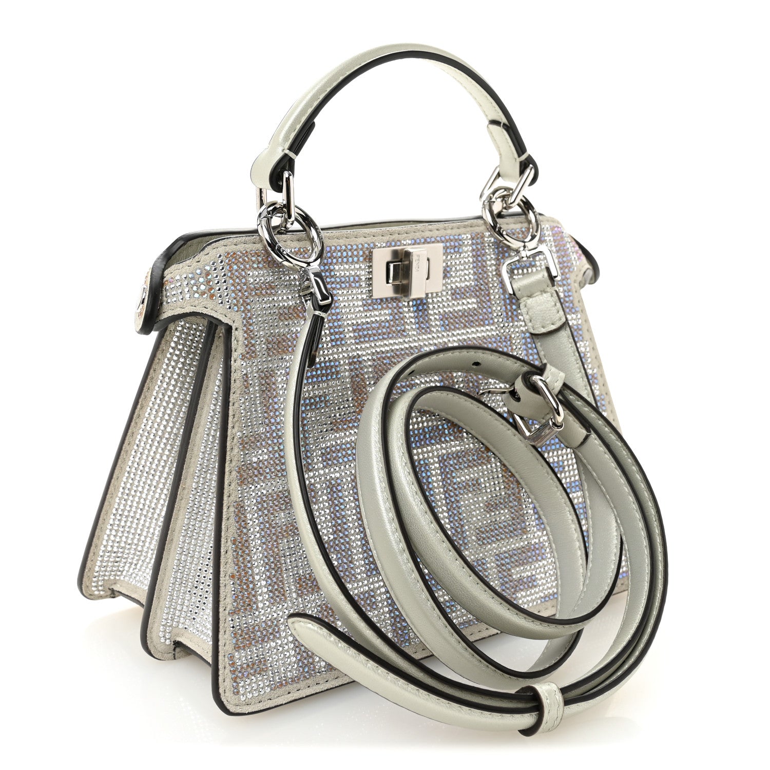 Fendi Iridescent Crystal Vitello Laminato Suede FF Petite Peekaboo I SEE U Satchel Cappuccino 3 of 12