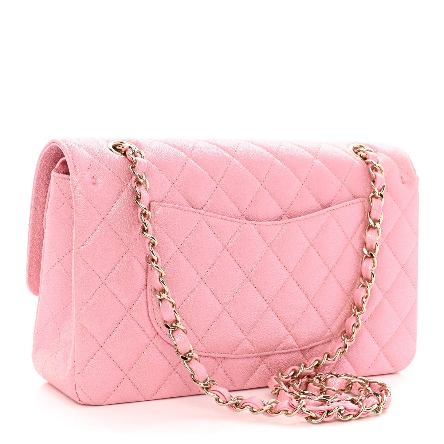 Iridescent Caviar Quilted Medium Double Flap Rose Pink