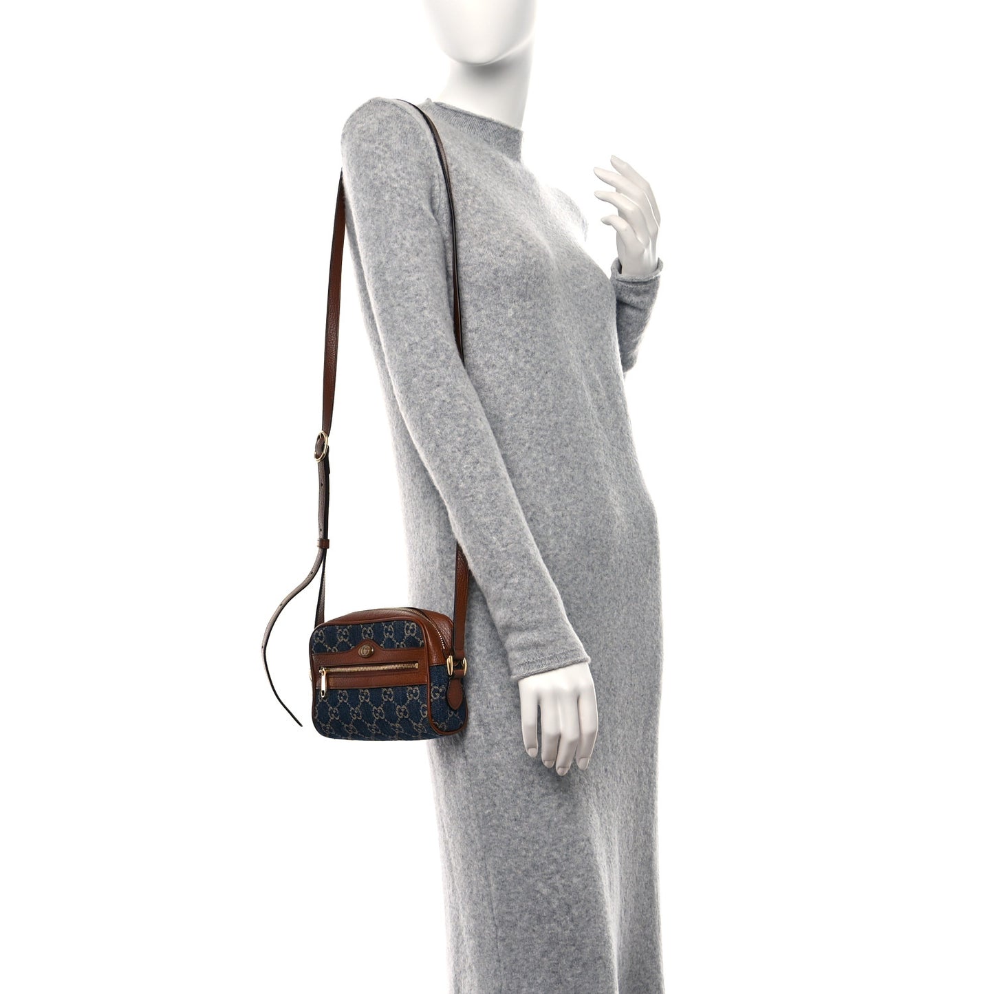 New Denim GG Monogram Dollar Calfskin Mini Ophidia Shoulder Bag Blue Tea Cuir Epilog