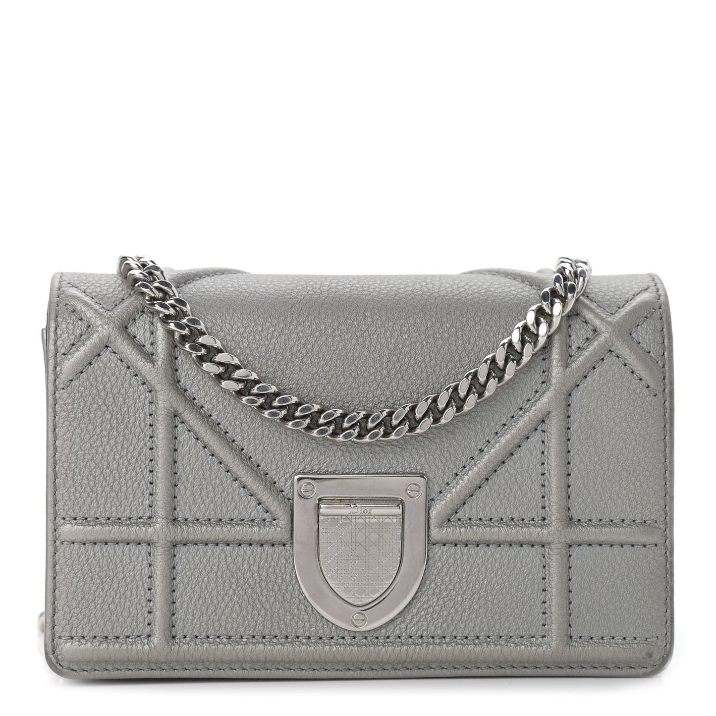Metallic Grained Calfskin Baby Diorama Flap Bag Grey