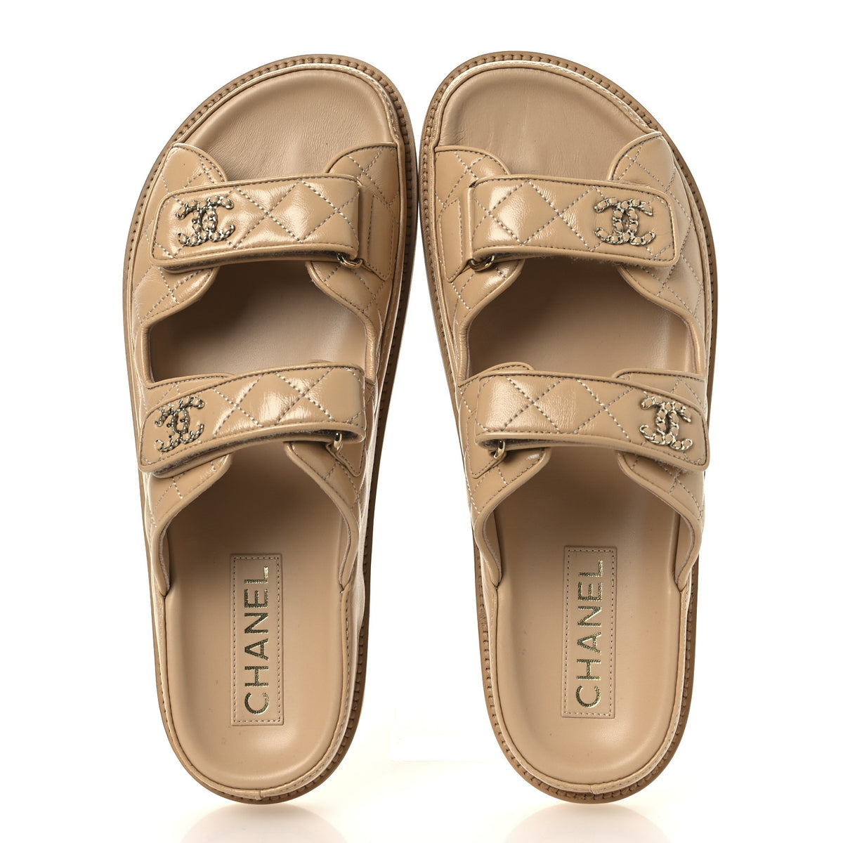 Chanel Lambskin Quilted Velcro Dad Chain CC Slide Sandals 40.5 Beige 2 of 11