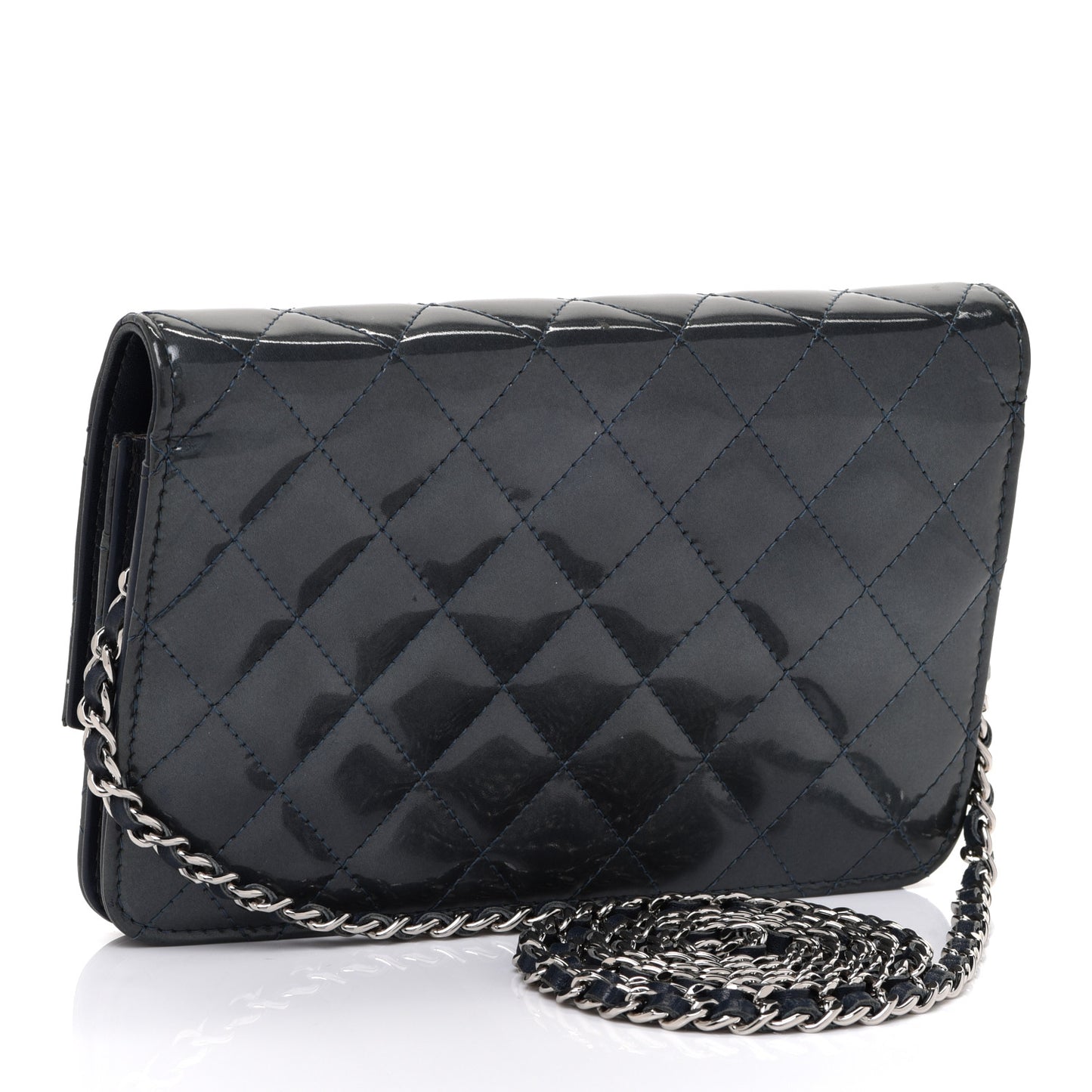 Patent Quilted Brilliant Wallet On Chain WOC Dark Blue