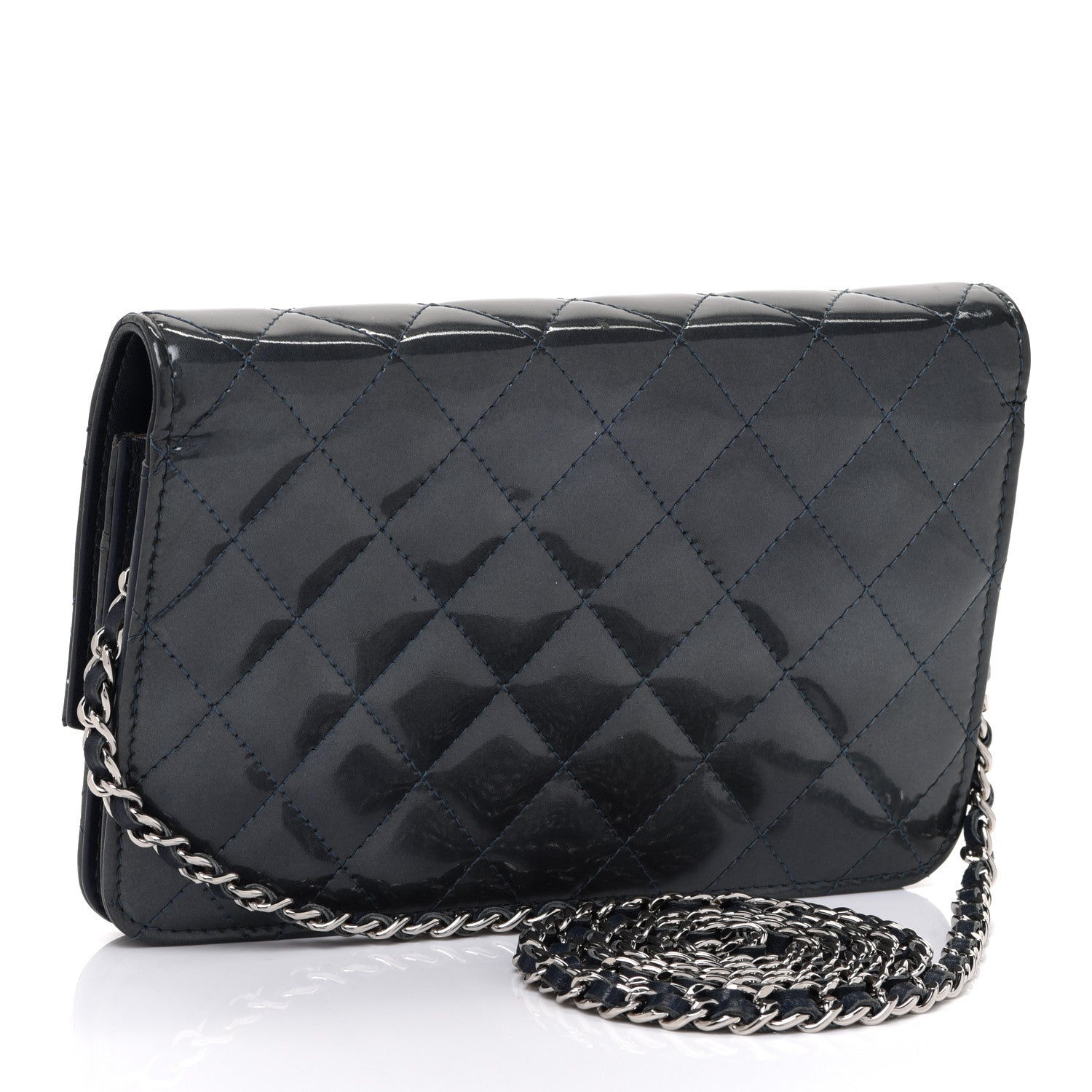 Chanel Patent Quilted Brilliant Wallet On Chain WOC Dark Blue 2 of 14