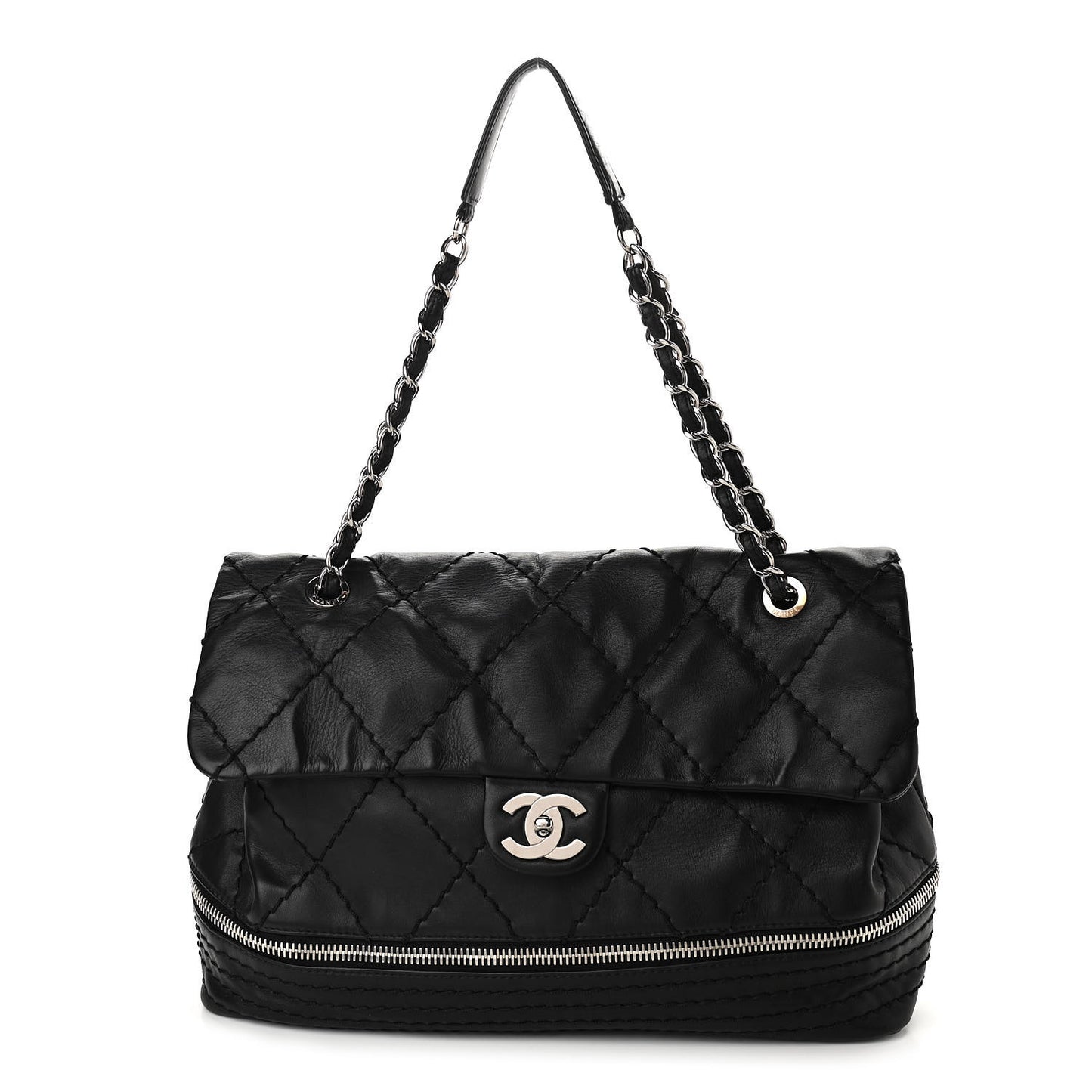 Calfskin Stitched Large Expandable Flap Bag Black
