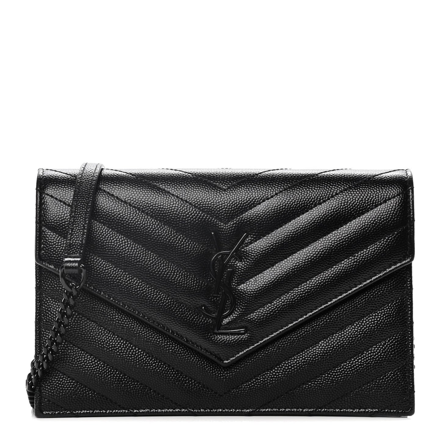 Grain De Poudre Matelasse Chevron Monogram Envelope Chain Wallet Black