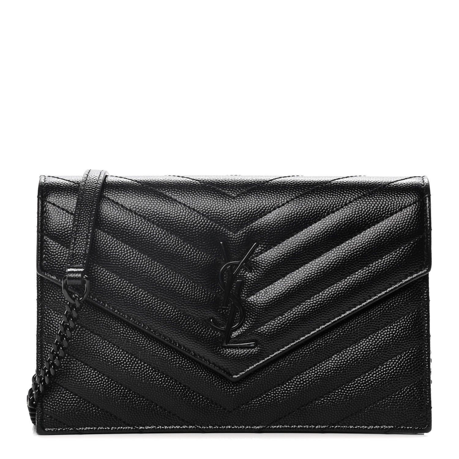 Saint Laurent Grain De Poudre Matelasse Chevron Monogram Envelope Chain Wallet Black 1 of 14