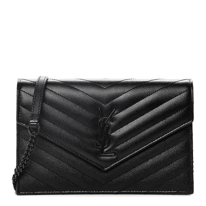 Saint Laurent Grain De Poudre Matelasse Chevron Monogram Envelope Chain Wallet Black 1 of 14