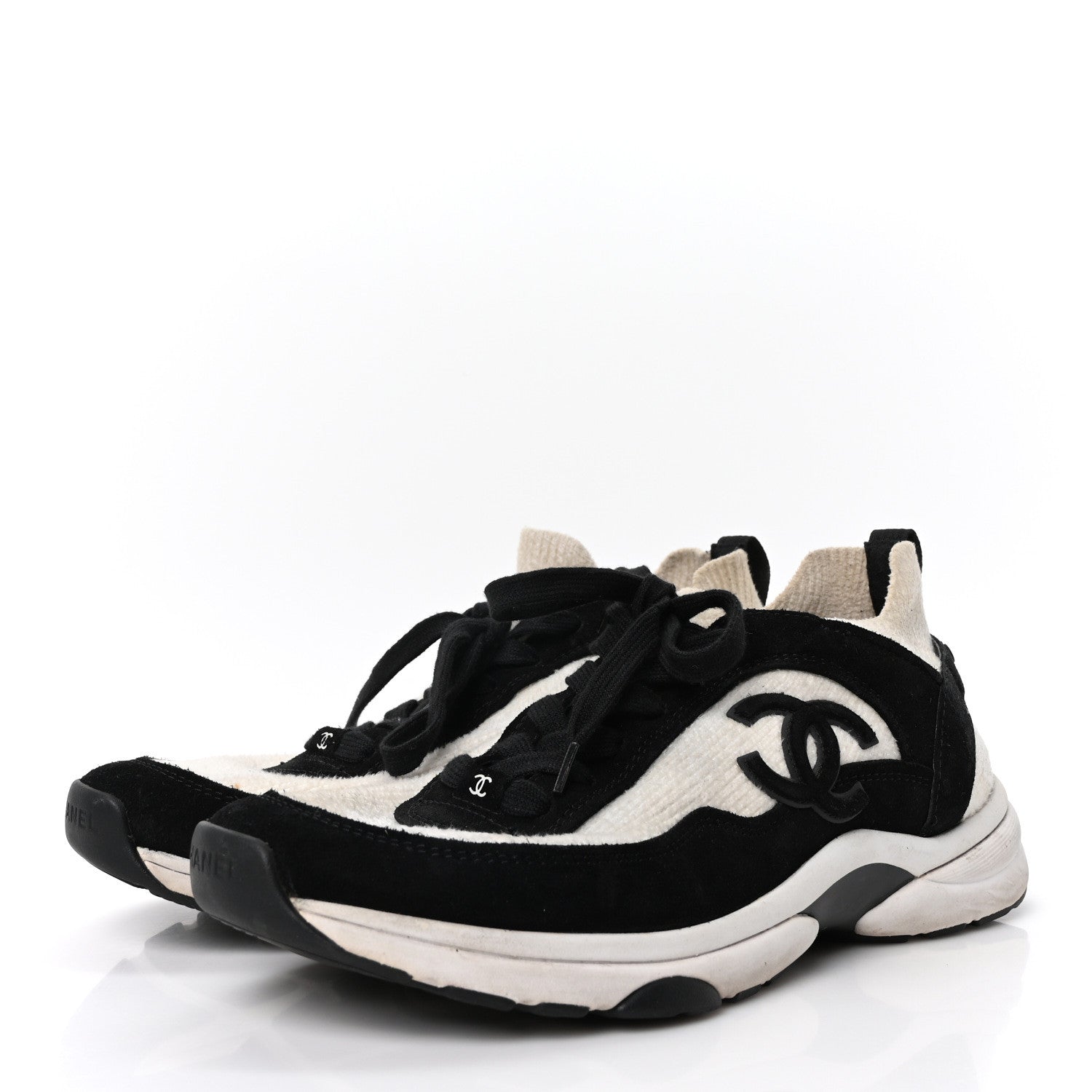 Chanel Knit Fabric Suede Calfskin Womens CC Sneakers  41 White Black 4 of 8