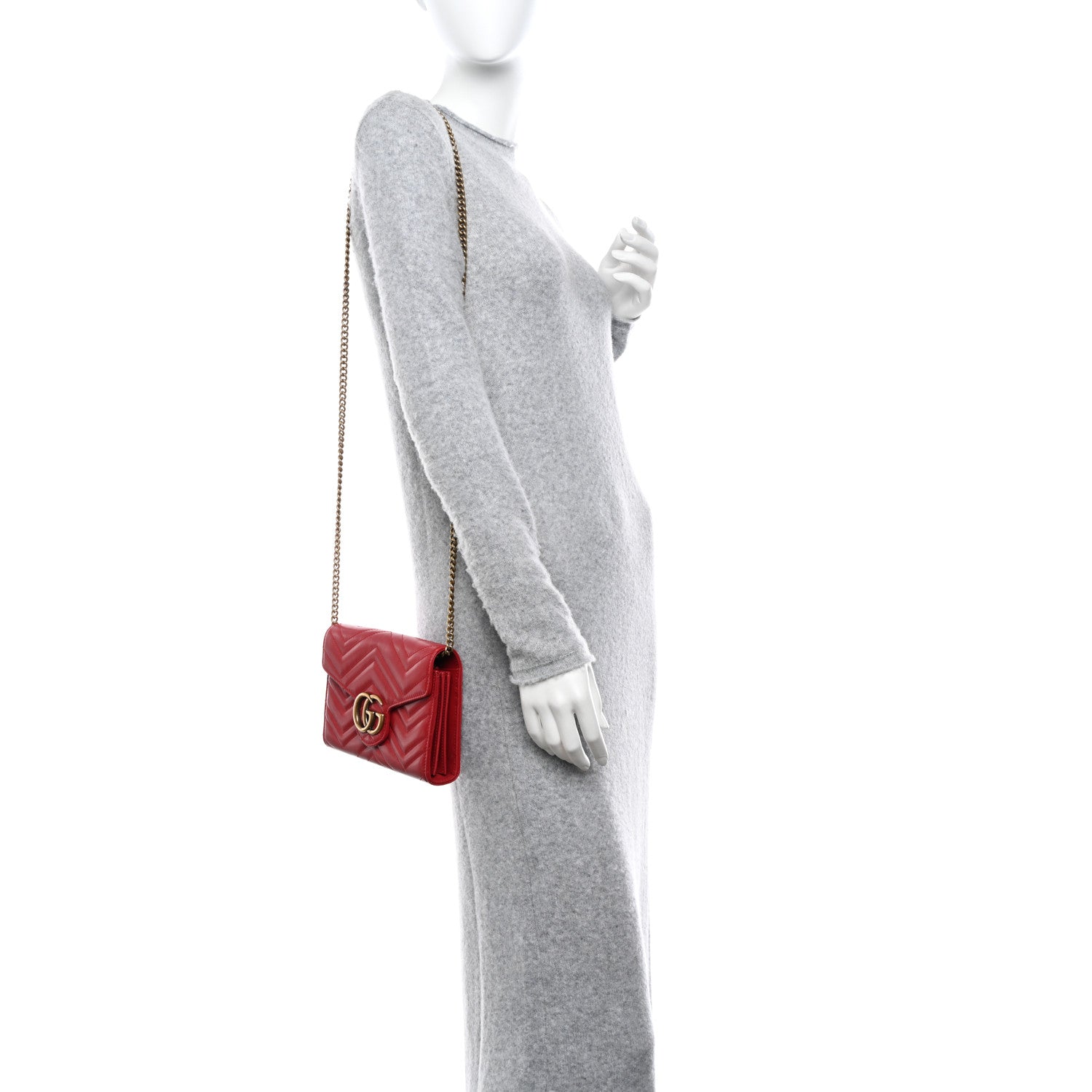 Gucci Calfskin Matelasse GG Marmont Chain Wallet Hibiscus Red 3 of 12