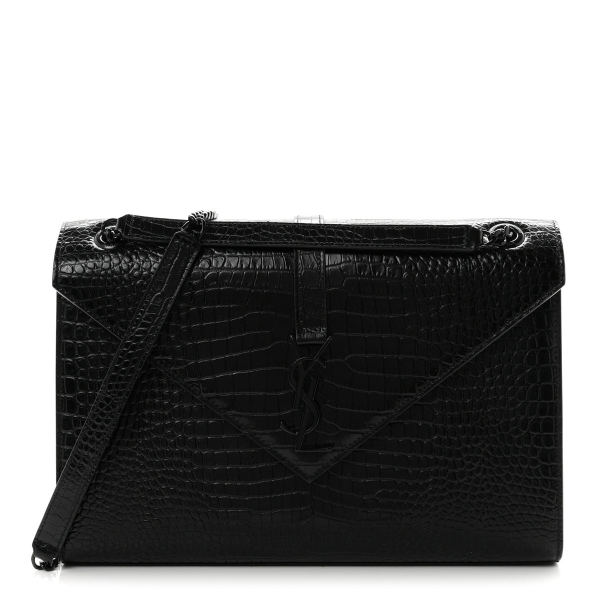 Calfskin Crocodile Embossed Monogram Large Satchel Black