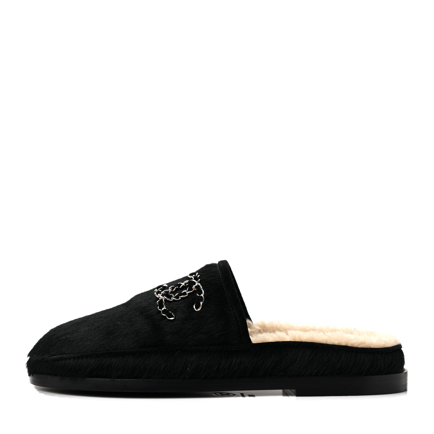 Calfskin Hair Suede Shearling CC Mules 38.5 Black Navy Blue