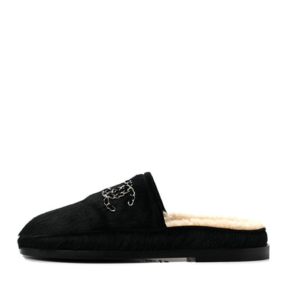 Chanel Calfskin Hair Suede Shearling CC Mules 38.5 Black Navy Blue 1 of 8