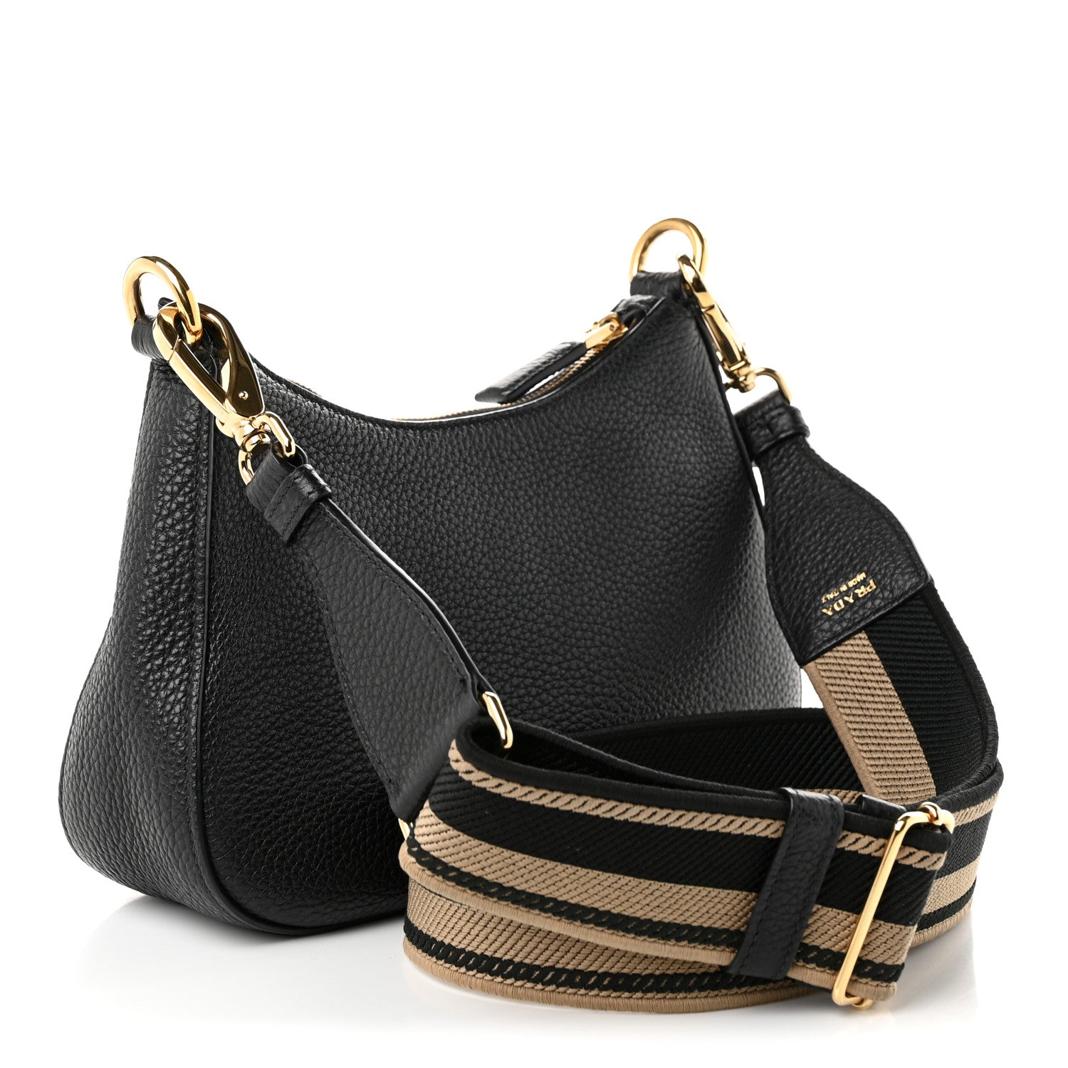 Prada Vitello Daino Soft Zippered Hobo Shoulder Bag Black 3 of 11