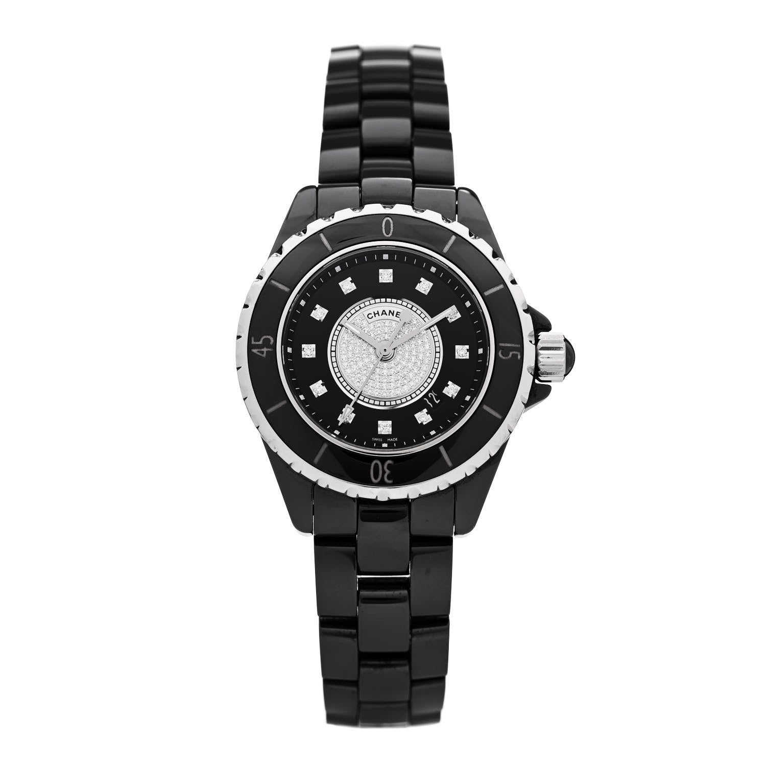 Chanel Stainless Steel Ceramic Diamond Dial 33mm J12 Quartz Watch Black 1 of 4