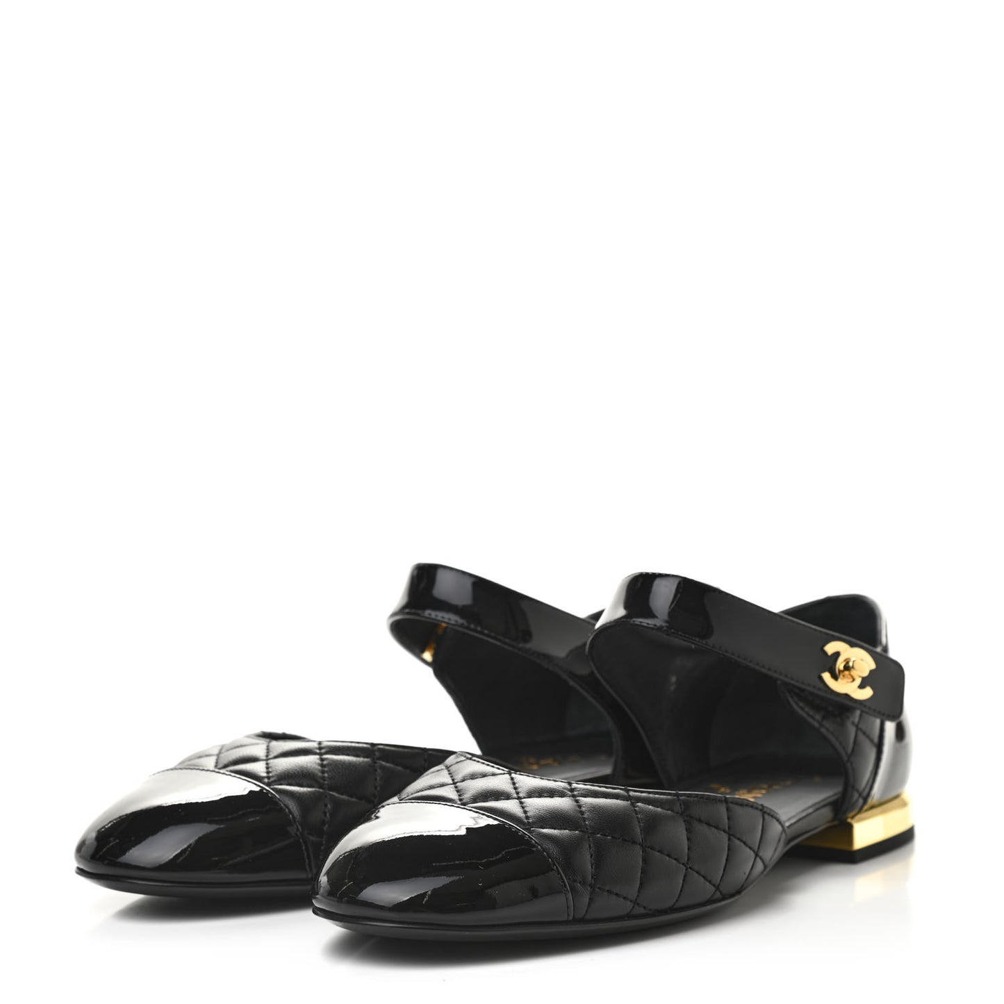 Patent Lambskin Quilted Cap Toe Ballerina Flats 38 Black