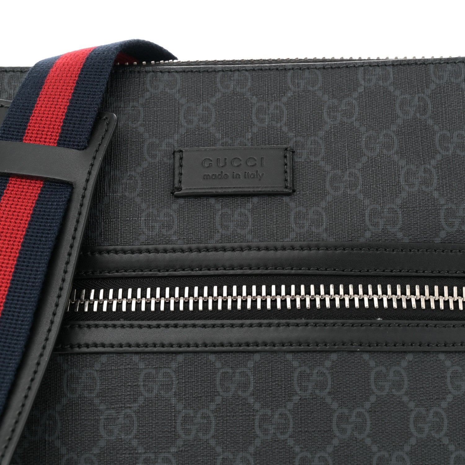 Gucci GG Supreme Monogram Appia Calfskin Web Flat Messenger Bag Black Grey 8 of 10
