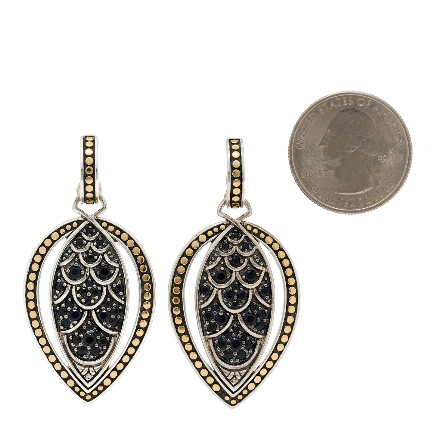 Sterling Silver 18K Yellow Gold Black Sapphire Legends Naga Drop Earrings