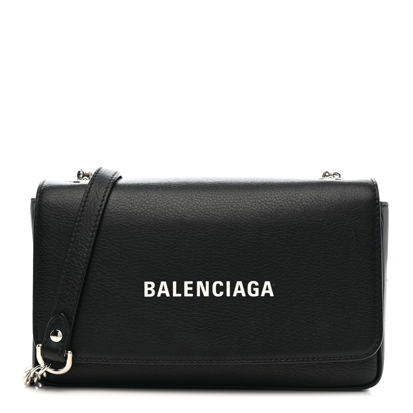 Pebbled Calfskin Logo Everyday Flap Chain Wallet Black