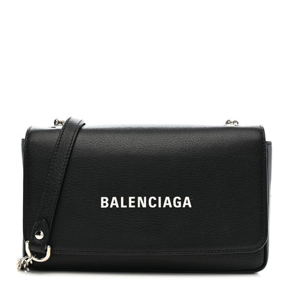 Balenciaga Pebbled Calfskin Logo Everyday Flap Chain Wallet Black 1 of 14