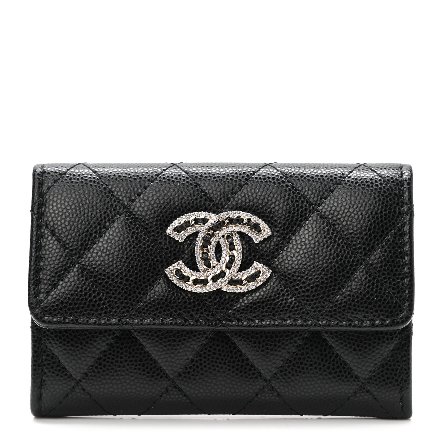 Caviar Quilted Crystal CC Flap Card Holder Black